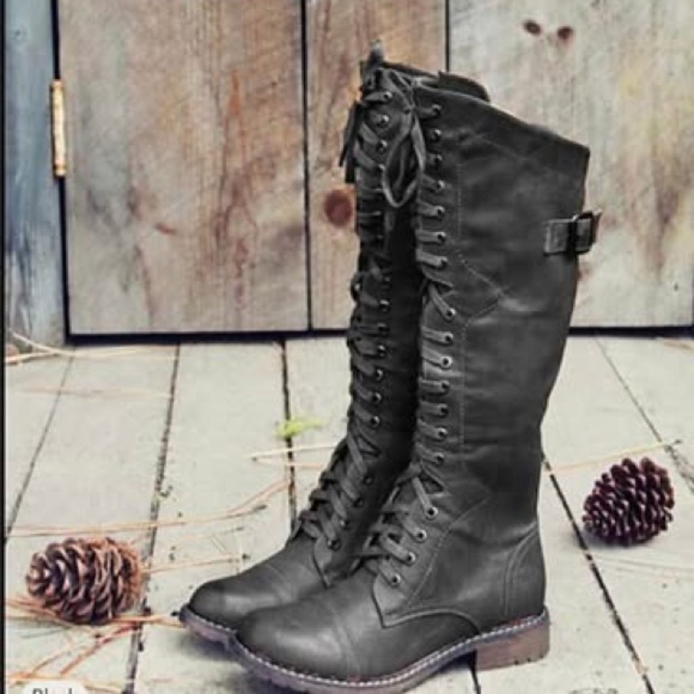 Women's Vintage Faux Leather Boots with Lace-Up and Buckle Detail - Knee-High